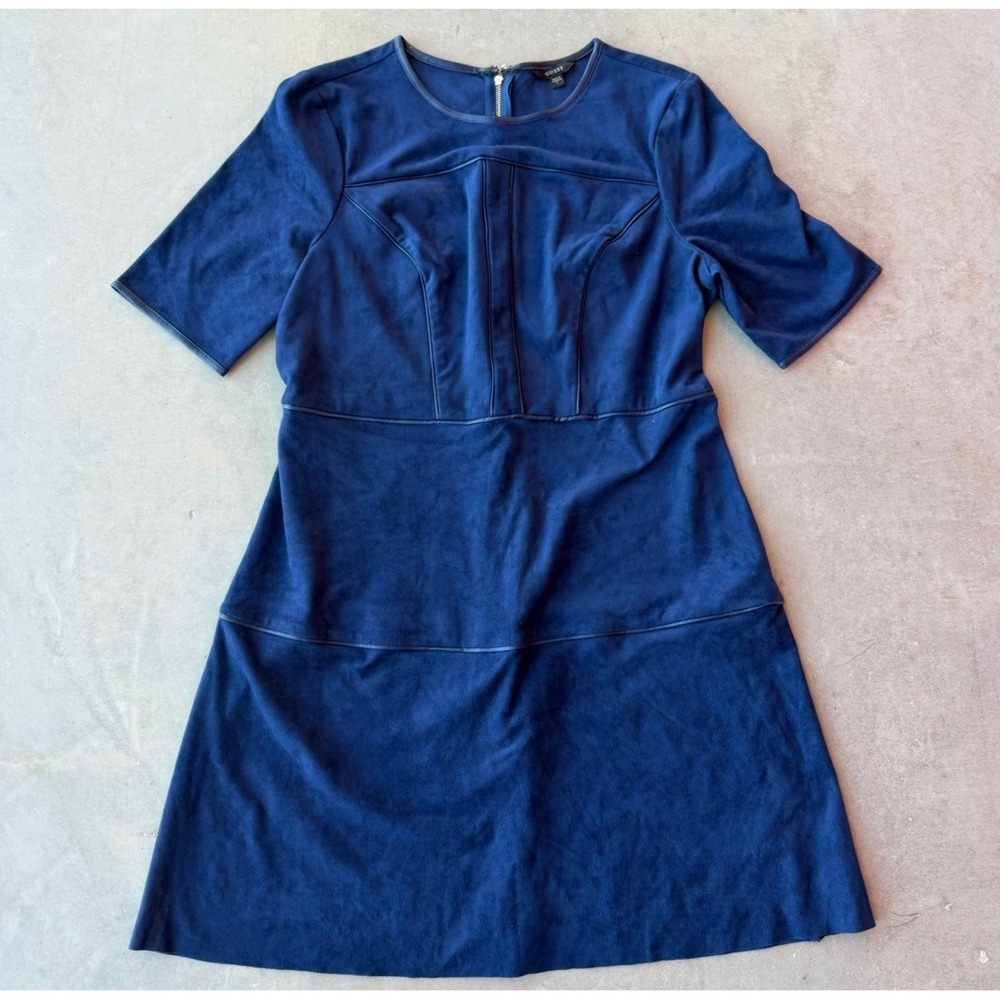 GUESS Dress Women's Blue Faux Suede Fit Flare Size L 3/4 Sleeve Cocktail